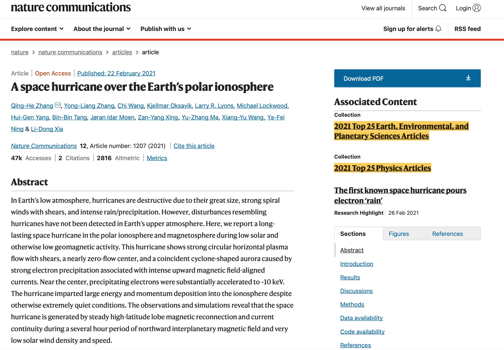 Article from Prof. Zhang Qinghe’s Research Group Was Selected Both as 2021 Top 25 Physics Articles and Earth, Environmental, and Planetary Sciences Articles Published in Nature Communications