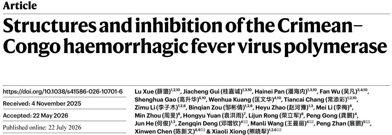 Nature | Professor Zhan Peng and Associate Research Fellow Gao Shenghua Elucidate RNA Synthesis by CCHFV Polymerase and the Mechanisms of Two Inhibitor Classes